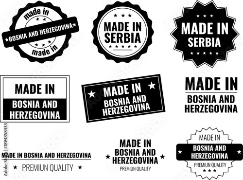 Made in Bosnia and Herzegovina label icons set for product marking in various designs and shapes
