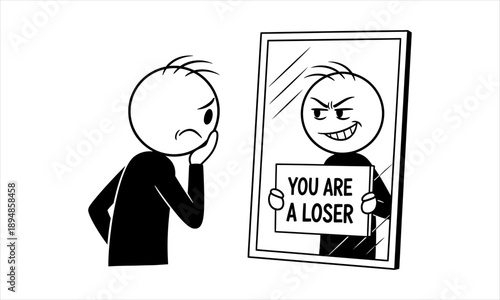 Reflection of self-doubt Man facing his harsh inner critic in a mirror