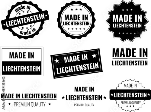 Icons showing made in Liechtenstein labels for product emblems in various styles and designs