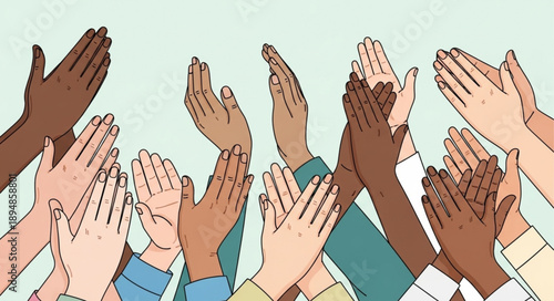 Diverse group of hands clapping together in celebration.