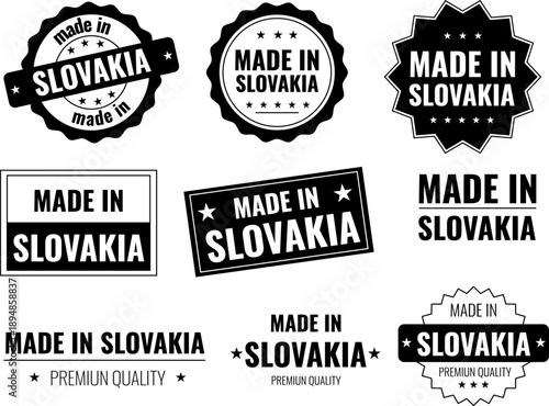 Icons set for Made in Slovakia labels showing various designs and styles for products