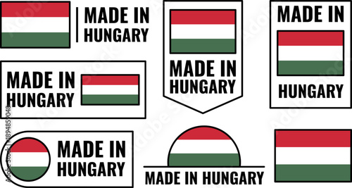 Hungary product emblem icons set featuring flags and made in Hungary labels