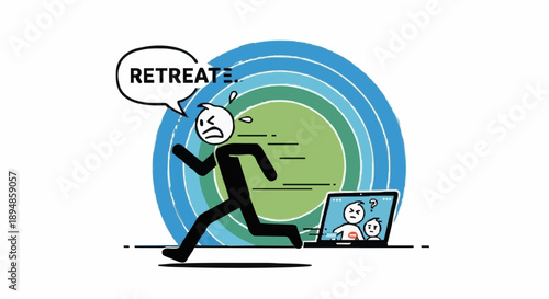 Stick figure running away from work on laptop saying retreat.