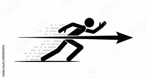 Stick figure running fast forward motion arrow.