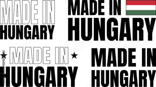 Icons set shows bold font with Made in Hungary text and flag in different styles and designs