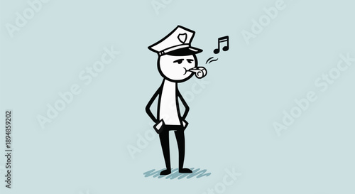 Stick Figure Police Officer Whistling and Blowing Whistle.