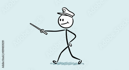 Stick figure police officer with baton walking and pointing.