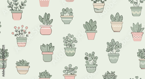 Cute potted plants seamless pattern illustration.