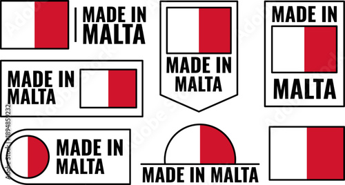 Set of Malta product emblems showing made in Malta icons with national colors and designs