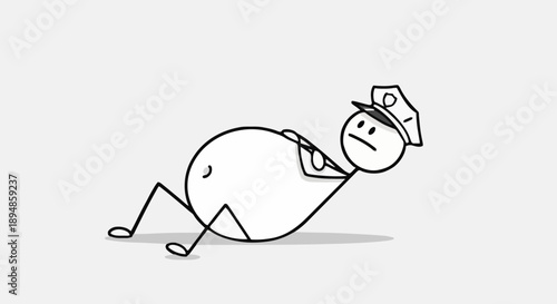 Stick figure police officer with large belly lying down.