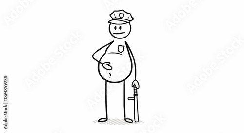 Stick figure police officer with large belly holding baton.