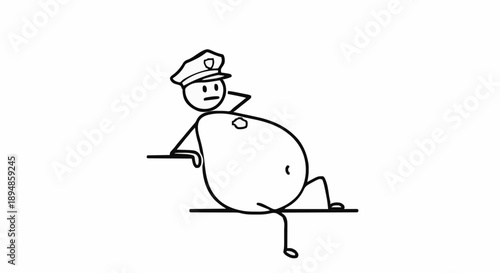 Stick Figure Police Officer with Large Belly Sitting Relaxed.