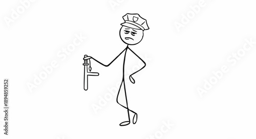Stick figure policeman holding baton with tired expression.