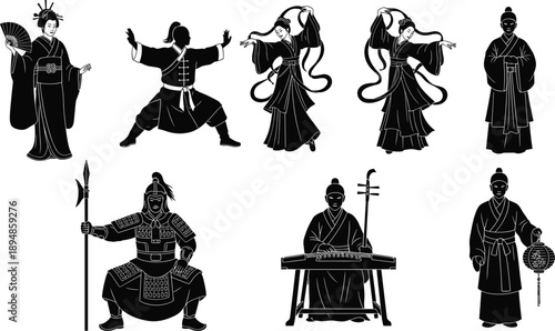 Collection of black silhouettes depicting ancient Chinese characters including dancers, warriors, musicians and scholars in traditional hanfu costumes isolated on white vector background.