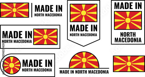 Icons representing Made in North Macedonia product emblems with flag design and text