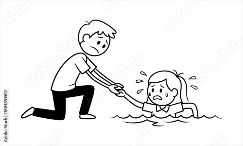 Man extending a helping hand to a drowning woman, offering support and rescue from crisis