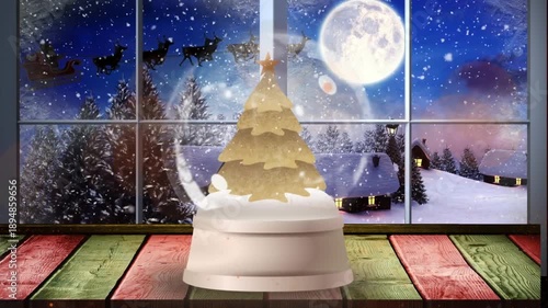 Animation of shooting star, snowball with christmas tree, santa sleigh and winter over window