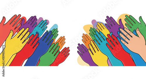 Diverse group of colorful hands raised together in unity.