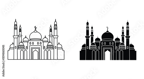 Taj Mahal Icon Set - Black and White Illustration