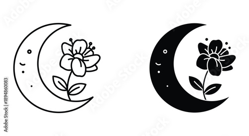 Crescent Moon and Flower Tattoo Designs - Black and White Illustrations