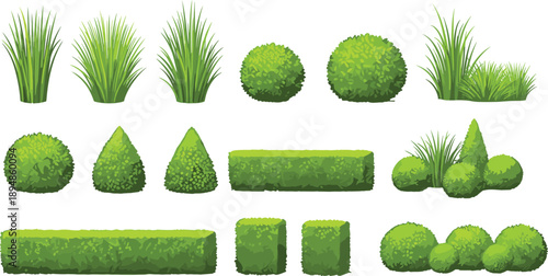 Flat Vector Illustration Set of Green Garden Bushes Hedges and Topiary Plants Featuring Various Manicured Shapes Isolated on White Background for Landscape Design