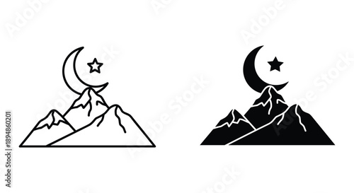 Mountain and Crescent Moon Icon Set - Simple Line Art