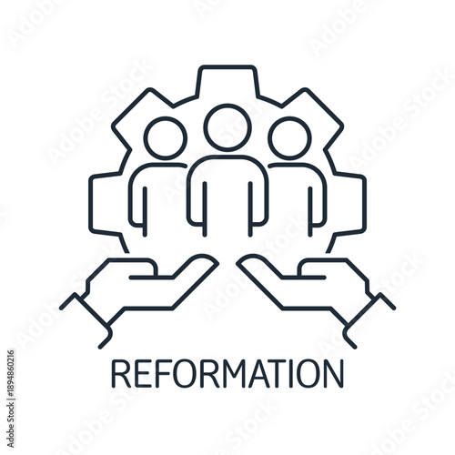 Reformation of society. Social policy . Government, services, reform, education, welfare.Vector linear icon illustration isolated on white background.