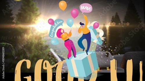 Animation of christmas shooting star in winter scenery with party icons