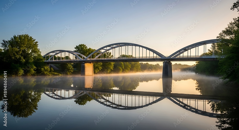 Obraz premium Tranquil Sunrise Over a Majestic Arch Bridge Reflected in Calm Water