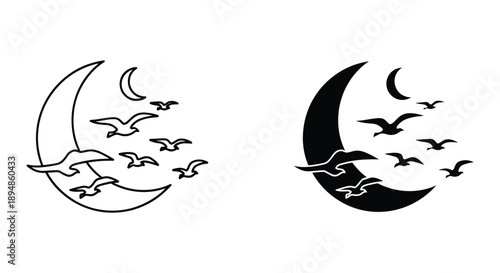 Black and White Moon and Birds Silhouette Design