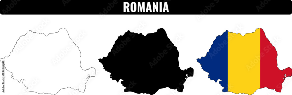 Obraz premium Romania shapes set shows outline, filled shape, and flag representation