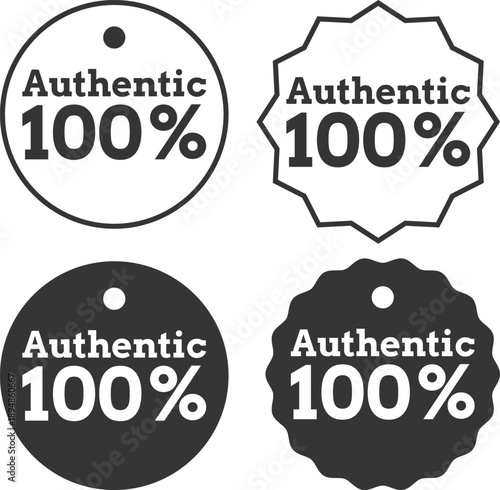 Set of round and seal badges showing authentic 100 percent labels in black and white