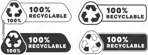 Set of black and white recyclable labels showing different shapes and designs for recycling