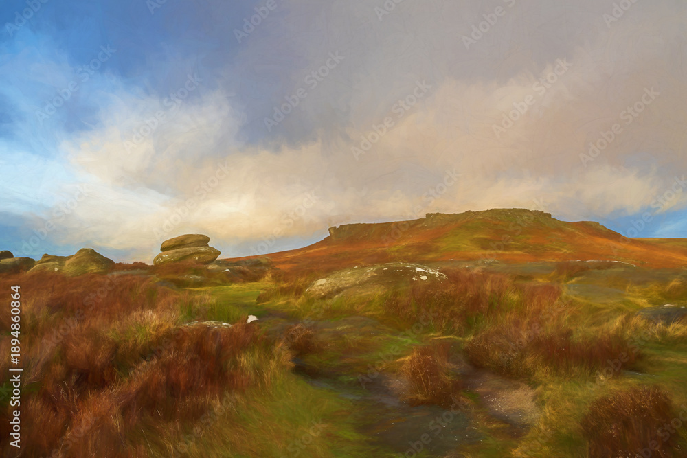 Obraz premium A winter sunrise digital oil painting of Higger Tor in the South Yorkshire Peak District National Park, England. UK.
