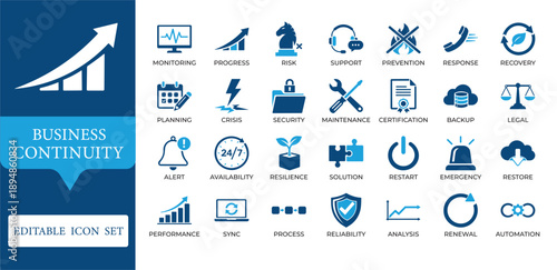 Business Continuity and Disaster Recovery Icons. Featuring risk management, cloud backup, security, and resilience symbols. Editable vector for corporate and system management apps