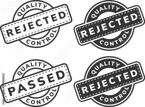 Set of quality control stamps showing passed and rejected labels in circular badge designs
