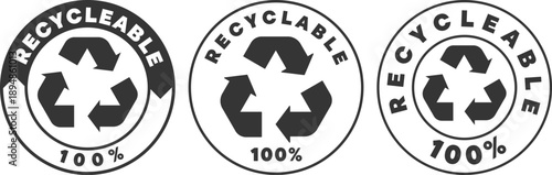 Circular labels showing recyclable symbol and percentage for recycling in a simple design