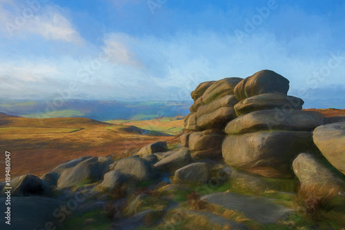 A Peak District National Park digital oil painting of gritstone rocks on Carl Wark in Peak District National Park, South Yorkshire.