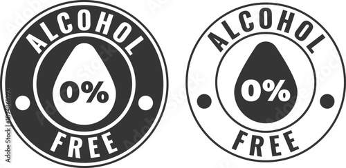 Badges show alcohol free drinks with percent symbols on black and white designs for events