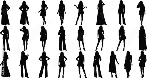 Large collection of diverse people silhouettes performing activities like playing guitar, riding bikes, dancing, and fashion model poses for versatile graphic design projects and illustrations.