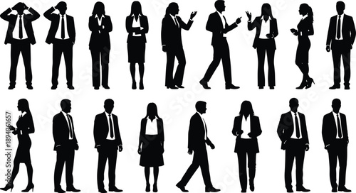 Large collection of professional businessman and businesswoman silhouettes in formal suits posing and walking for corporate office team leadership and business vector designs