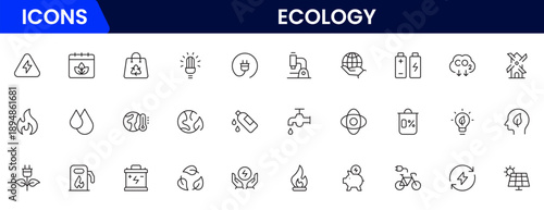 Ecology icon set. Environment, sustainability, nature, recycle, renewable energy, electric bike, eco-friendly, forest, wind power, green symbol vector collection.