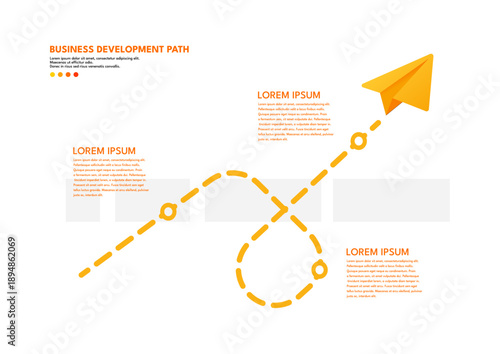 Business development path infographic with yellow paper plane, dashed line, steps and copy space, vector