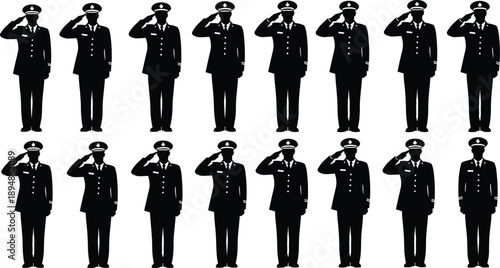 Large Set of Sixteen Black Silhouettes of Police Officers and Soldiers Saluting in Formal Uniform Isolated on White Background for Veterans Day and Memorial