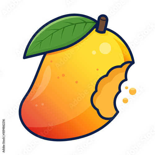 Bitten Mango Fruit Icon with Leaf, Fresh Tropical Food Vector Illustration