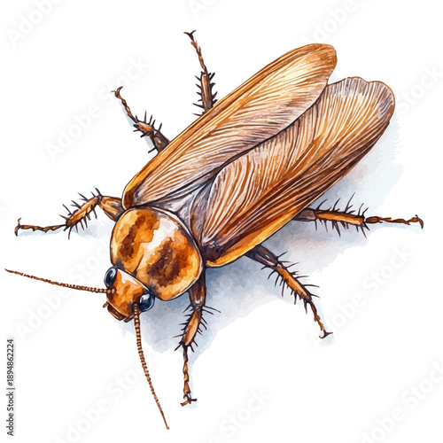 Cockroach, refined watercolor illustration with luminous tones and soft layered brushwork, isolated on a white background.