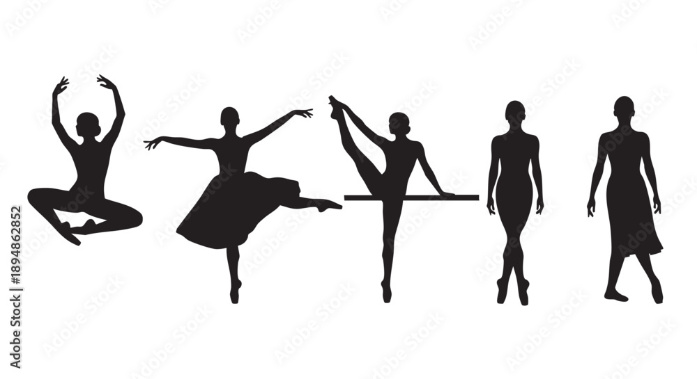 Obraz premium Five ballet dancer silhouettes are shown in various poses, isolated against white background. This image is suitable for fitness, dance, ballet, art and sport concepts.
