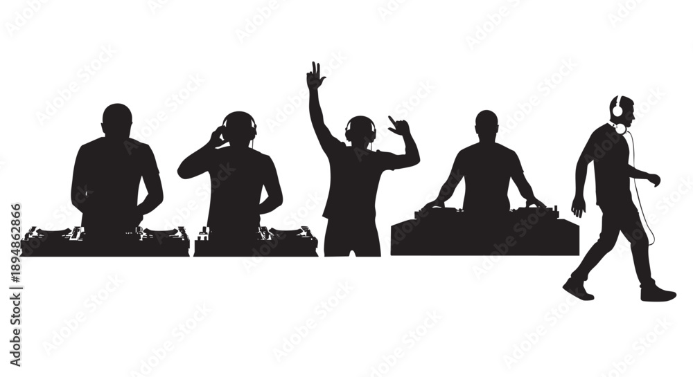 Obraz premium Black silhouettes of DJs performing music, cheering, and walking, set against a clean white backdrop, creating a dynamic and energetic visual ideal for party or music-related designs.