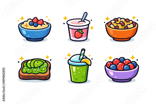 Colorful cartoon breakfast set with fruit bowls, yogurt cup, cereal, avocado toast, and green smoothie drink on a clean white background