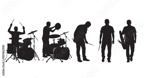 Silhouetted drummer figures are shown playing drums, setting up equipment, and walking with sticks, presenting a stark visual for music, lifestyle, or performance concepts.
